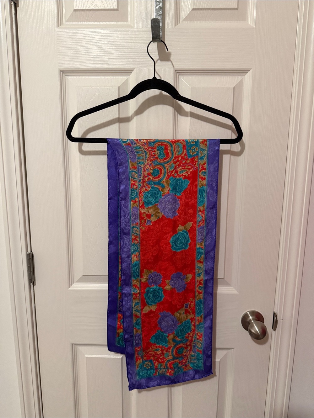 Vibrant Floral Silk Scarf in Red, Purple & Teal